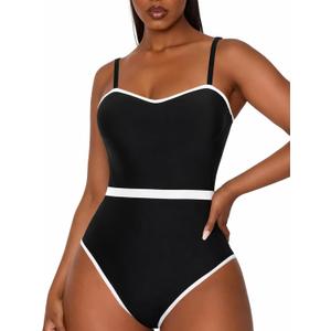 Vintage One Piece Swimsuit for Women Tummy Control Black (L)