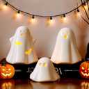 Halloween Decorations Big Ceramic Ghost Figurines: 3ct Spooky Light Up Ghost Decor with LED Lights, Cute Pastel Farmhouse Table Tiered Tray Fireplace Halloween Decor for Kids Home Office Party