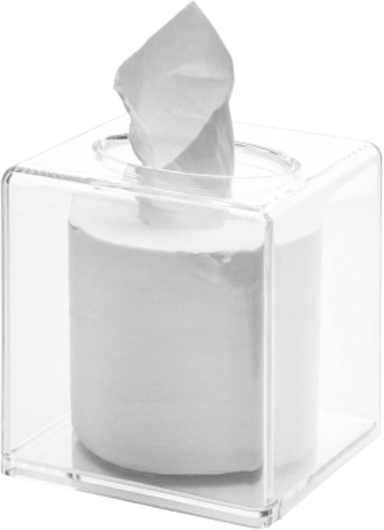 Cq acrylic Roll Tissue Box Holder with Cover Square Facial Tissue Dispenser Box Case for Countertop,Clear Plastic Dryer Sheet Container Napkin Organizer for Bathroom, Kitchen,Home,Square (5.5x5.5x5.5)