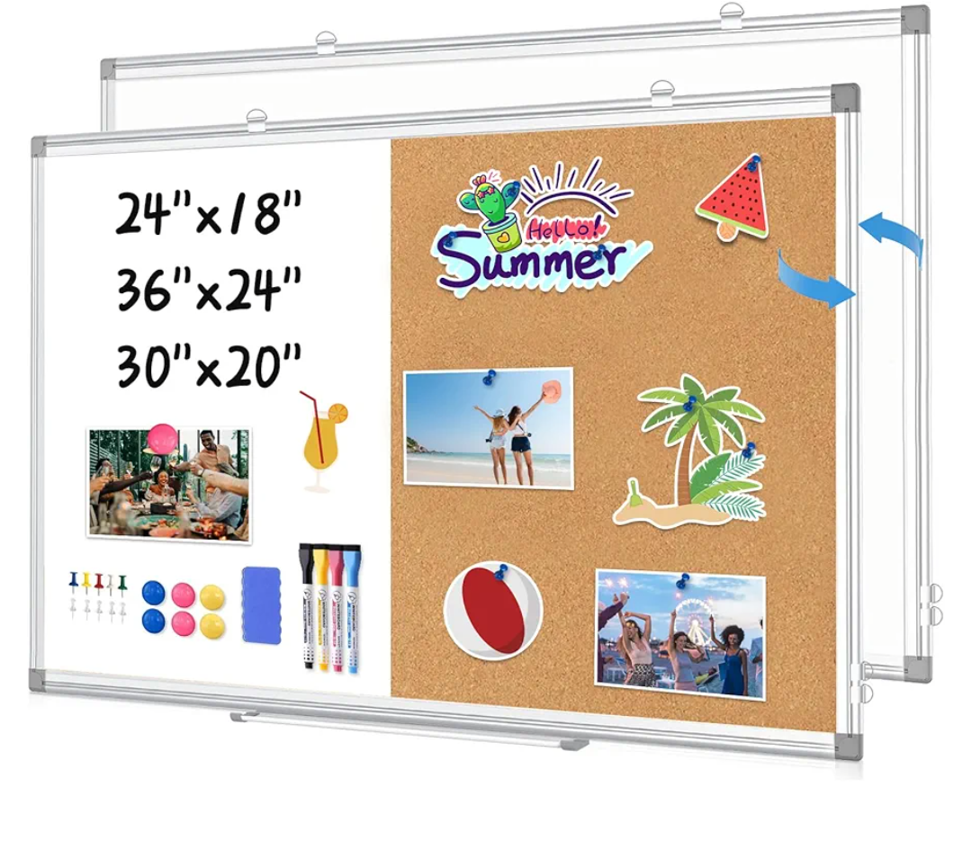 WALGLASS Combination Magnetic Whiteboard & Corkboard, 36"x24" Combo for School, Office & Home, Dry Erase Board with Removable Tray, Pins, Eraser, Markers & Magnets