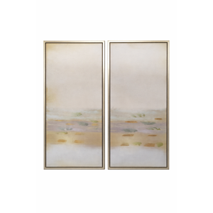 Set of 2 Framed Abstract Coastal Wall Art Paintings, Soft Neutral Tones, Silver Metal Frames