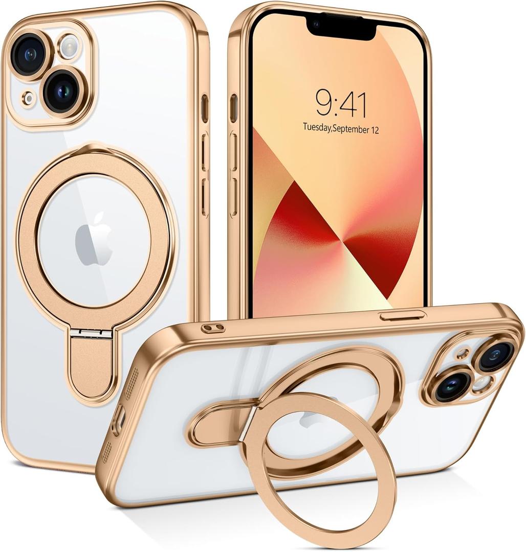 GUAGUA for iPhone 13 Case with Stand, Magnetic Clear Cases Plating Edge Invisible Ring Holder Slim Shockproof Protective Kickstand Phone Case for iPhone 13 6.1'', Desert Titanium Gold
