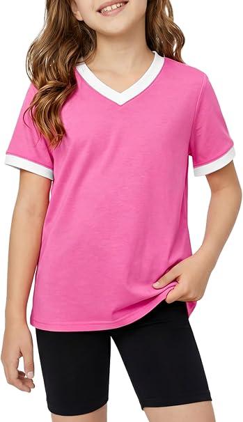 Poroka Girls Short Sleeve Shirt V-Neck Tee with Ribbed Trim Plain T-Shirts Soft Fashion Summer Tops for Girls,Size: 7-8 Years