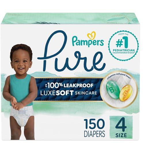  Pampers Pure Protection Baby Diapers, Size 4, 150 Count, Up to 100% Leakproof, Premium Plant-based Skin Protection, Hypoallergenic Soft Diapers : Baby