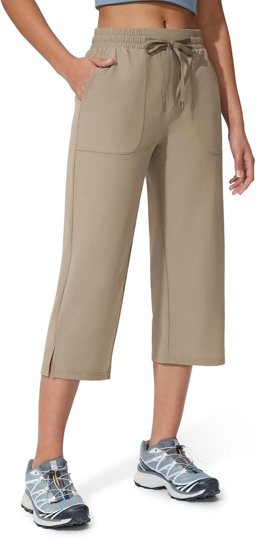 Women's Capri Pants Wide Leg Quick Dry Hiking Capris Water Resistant UPF50 Lightweight Loose Travel (L)