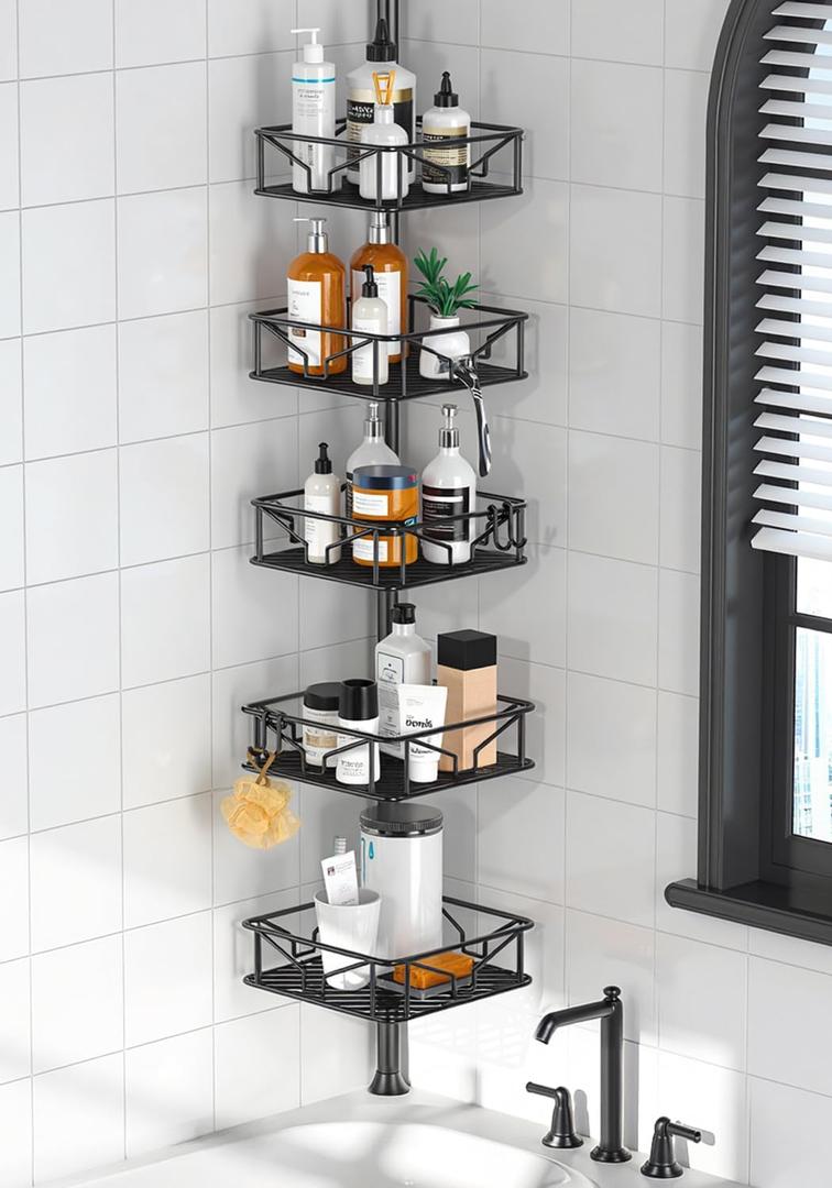 Skycarper 5 Tier Adjustable Corner Shower Caddy Organizer with Hooks,Rustproof Tension Pole 62116 Inch, Black