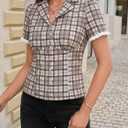 Tankaneo Womens Puff Sleeve Plaid Shirts Gingham Tops Y2k Summer Button Down Blouse Trendy Cute Fitted Going Out Tops (Brown)
