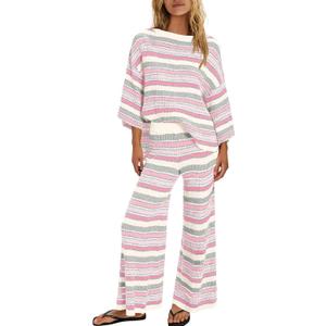 ReachMe Womens Oversized Striped 2 Piece Sets Sweater and Wide Leg Pants with Pockets Pajama Lounge Sets Casual Outfits, medium