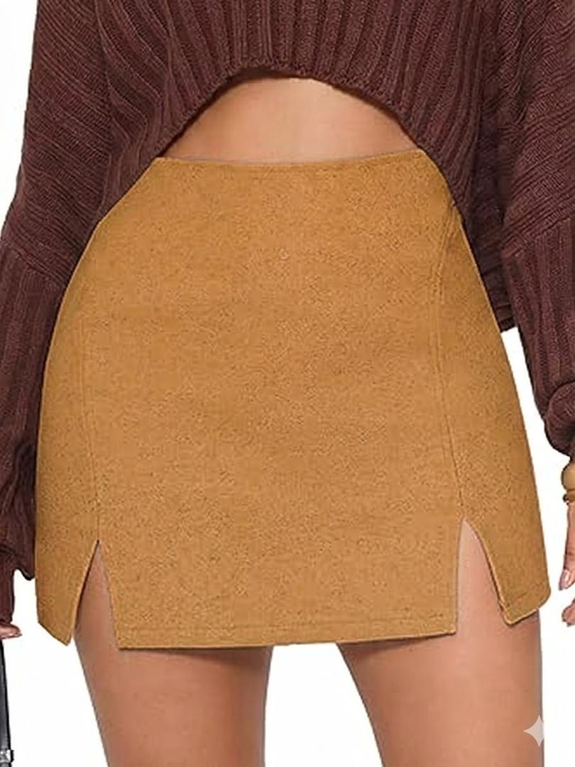 Women's Fashion Faux Wool Mini Skirt High Waisted Y2K Trendy Side Slit Skirts 2025 Fall Winter Outfits, Size XL
