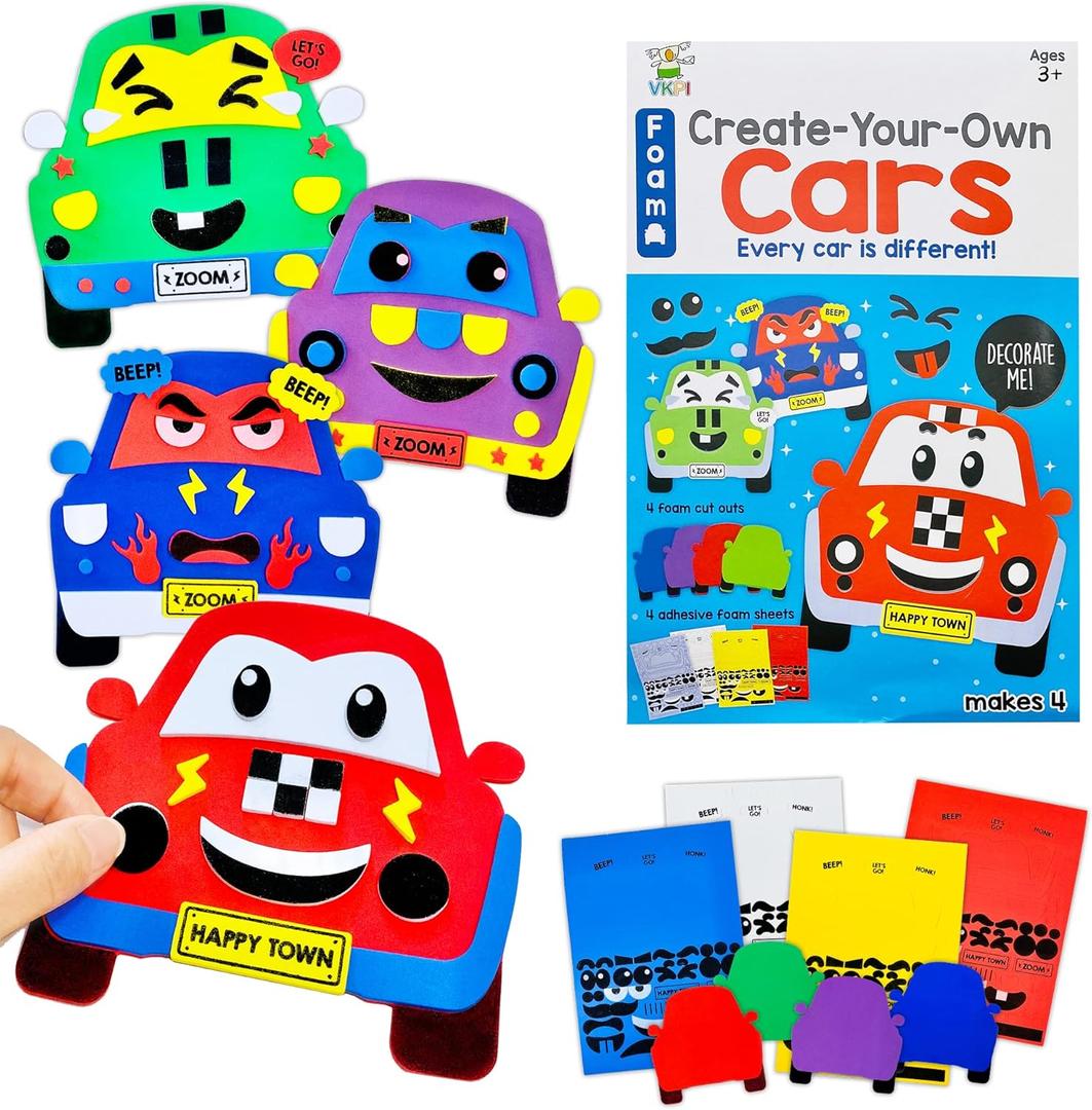 VKPI 4 Pieces EVA Foam Art Crafts Gift Kit, Creative Make Your Own Cars, Cartoon Foam Paper Craft Projects for Kids Ages 4+ Toddler, Preschool Learning Toy for Birthday Party Favor Supplies