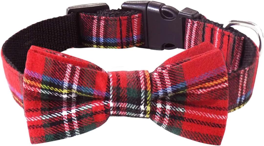 Malier Dog Collar with Bow tie, Christmas Classic Plaid Snowflake Dog Collar Holiday for Dogs Cats Pets (Scotland Red Plaid, Large)
