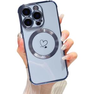ZTOFERA Magnetic Case for iPhone 16 Pro Case 6.3" [Compatible with MagSafe] Cute Plating Love Hearts Pattern Case with Camera Protection,Soft Shockproof TPU Bumper Cover for Women Girls,Blue