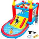 WELLFUNTIME Inflatable Water Slide, PVC Bounce House Water Park for Kids 3-8, with Splash Pool, Basketball Hoop, Ring Toss & Target Game, Indoor Backyard Outdoor Bouncy Playhouse