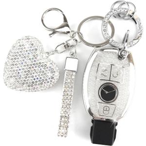 Key Fob Cover with Diamond Keychain Car Key Holder Compatible with Mercedes Benz C E M S CLS CLA GLK GLA GLC GLE AMG Class Protector for Women, 3 Buttons (Silver-Heart)