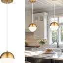 LMS Mid Century Pendant Lights, Brushed Gold Kitchen Island Light Fixtures with White Globe Glass Shade, Adjustable Hanging Cord, 2-Pack for Home Office Dining Room Bathroom, LMS-186PL-BGWS2PK