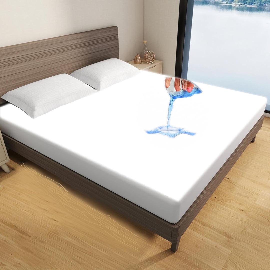 WINGLAM Full Size Waterproof Mattress Protector，3D Air Fabric Noiseless Mattress Cover, Cooling & Breathable, Machine Washable Mattress Pad Fitted Style with Deep Pocket Up to 6"-18"(White)