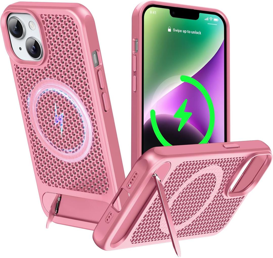 for Magnetic Heat Dissipation case for iPhone 14 Plus,for MagSafe,Coolingf Drop Protection,Adjustable Kickstand case,Ice Armour Cool Matte Material-Rose Pink