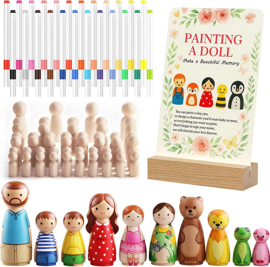 Fun Baby Shower Games Painting Kit, 50 PCS DIY Wooden Blank Dolls for Coloring, Baby Shower Activities with 24 Acrylic Marker Pens