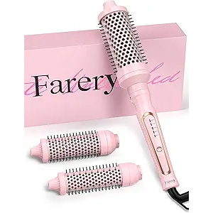 Farery PRO 3in1 Thermal Brush Set  Adjustable Temperature, Detachable Curling Brush Heads (1.25", 1.5", 1.77"), Dual MCH, 20s Fast Heating for Quick Volume & Effortless Curls, Rose Pink