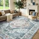 6x9 Area Rugs Washable, Large Indoor Printed Vintage Rugs for Living Room Bedroom, Low-Pile Stain Resistant Carpet with Non Slip Rubber Backing for Dining Room Nursery Home Decor, Light Blue