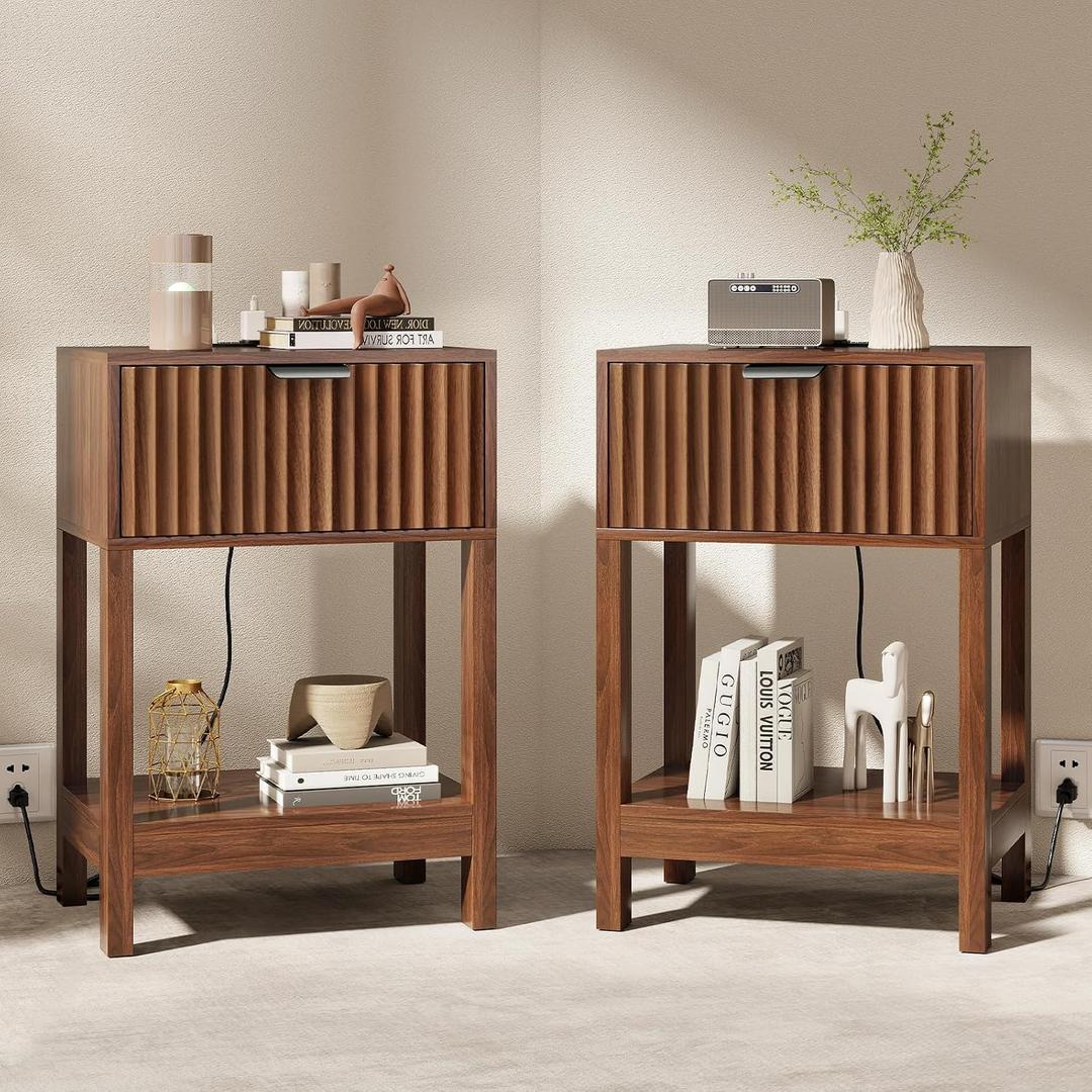 Nasonet Night Stand Set 2, Fluted Nightstand with Charging Station, Wood Bedside Table with Drawer & Storage Shelf, Modern End Tables for Bedroom Sofa Couch Office, Walnut, 1 Drawer