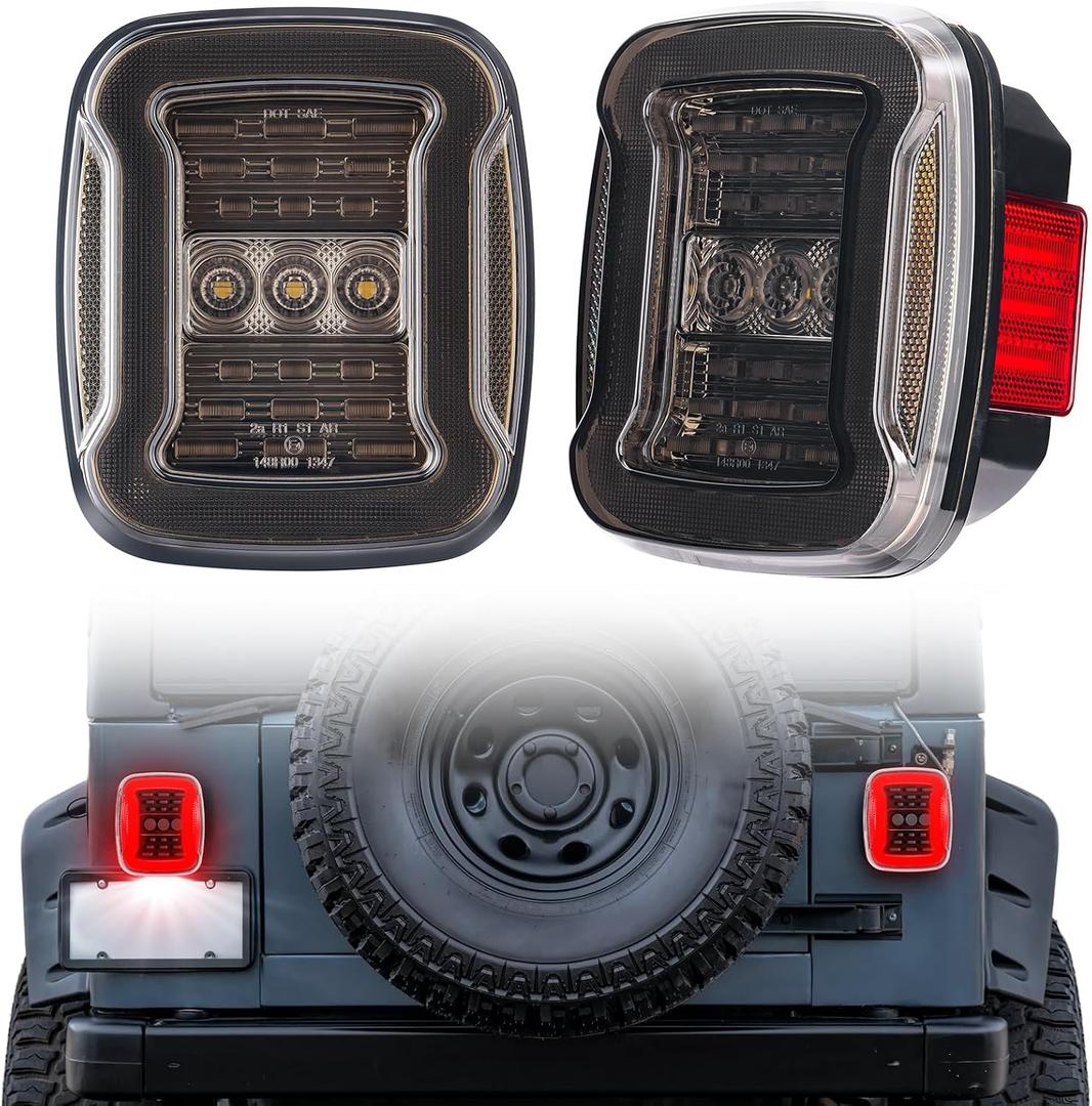 LED Tail Lights Compatible with Wrangler YJ 1987-1995, TJ 1997-2006, CJ5 1976-1983, CJ7 1976-1986, CJ8 1981-1985 Rear License Plate/Running/Brake/Turn Signal/Reverse Light Kit,2PCS Smoke Lens