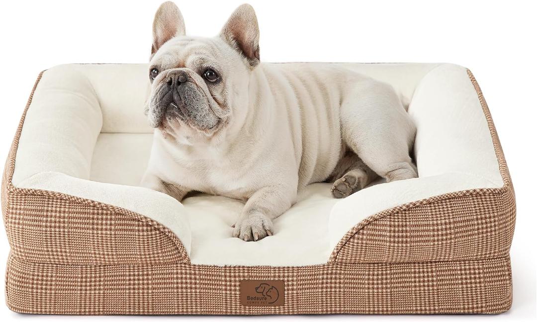 Bedsure Orthopedic Dog Bed for Medium Dogs - Waterproof Dog Sofa Beds Medium, Supportive Foam Pet Couch Bed with Removable Washable Cover, Waterproof Lining and Nonskid Bottom, Brown Checks (28.0"L x 23.0"W x 6.5"Th, Plaid-Brown)