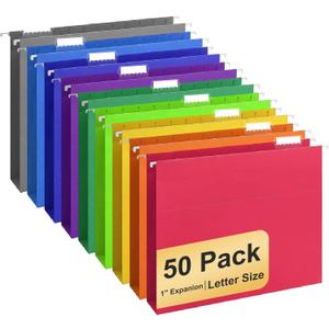 Hanging File Folders, 50 Pack Letter Size Hanging File folders with 1/5-cut Tabs, Stay Organized for Your Home and Office Bulk File, Documents and Paper, 10 Colors