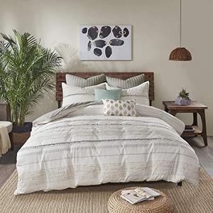 INK+IVY Luxurious Cotton-Bedding Set - Mid Century Trendy Geometric Design, All Season Cozy-Cover With Matching-Shams, King/Cal King, Nea Trims Grey/Multi