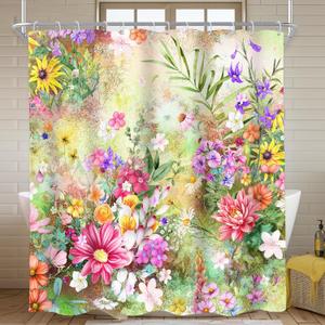 AMBZEK Colorful Floral Shower Curtain 72Wx78L Inch Spring Flower Vintage Abstract Oil Painting Wildflower Boho Retro Artwork Cloth Fabric Waterproof Polyester Bathroom Decor Set with 12 Pack Hook
