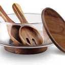 Large Glass Salad Bowls Set with Acacia Wood Base and Lid and Salad Serving Utensils, Elegant and Practical Salad Bowls for Kitchen Essentials Party