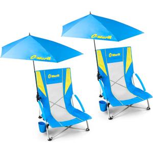 EMERIT Low Beach Chairs for Adults, Sling Beach Chair with Umberalla, Folding Backpack Camping Chair with Cup Holder