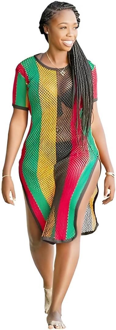 Clossy London Rasta Multicolour Work Dress Side Slit Ladies String mesh Fishnet Midi L/XL