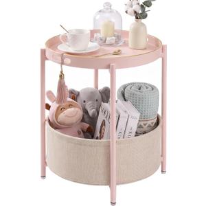 Round Side Table Serving Tray with Handles, Small Metal Table