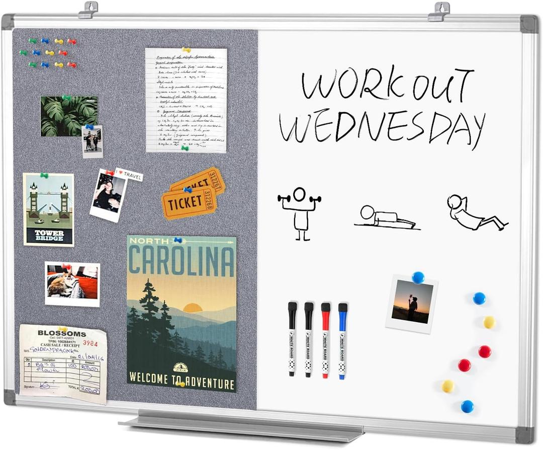 Combination Magnetic Whiteboard & Fabric Board,Dry Erase Board Bulletin Board 36x24inches Combo Vision Board for Wall,Home,School,Office (Grey-vertical)