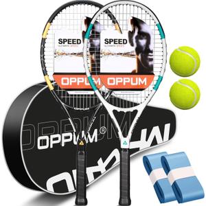 2-Pack Adult Tennis Rackets, 105 Sq Inch Oversized Head Pre-Strung for Beginners and Intermediate, Arm Friendly Vibration Control Set with Bag and Balls, 27"