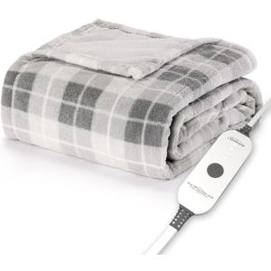 Sunbeam Electric Throw Royal Luxe Microplush Heated Blanket, 4 Heat Settings, 4-Hour Auto Shut-Off, Fast Heating, Warm and Cozy, Grey Rodeen Plaid, 50" x 60"