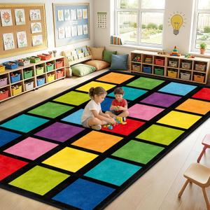 7.6x12 ft Large Rainbow Color Squares Classroom Rug Happy Squares Educational Area Mat Rainbow Themed Colorful Play Carpet Back to School Learning Mat for Elementary Preschool Nursery(Rainbow Color)