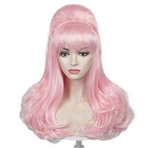 Aicos 70s Pink Beehive Wig with Bangs Long Vintage Updo Wigs for Women Fits 70s 60s 50s Costume and Halloween Party