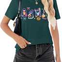 Halloween Spooky Season Cute Ghost T Shirt for Women Crewneck Fall Pumpkin Colorful Graphic Tee Tops (XL)