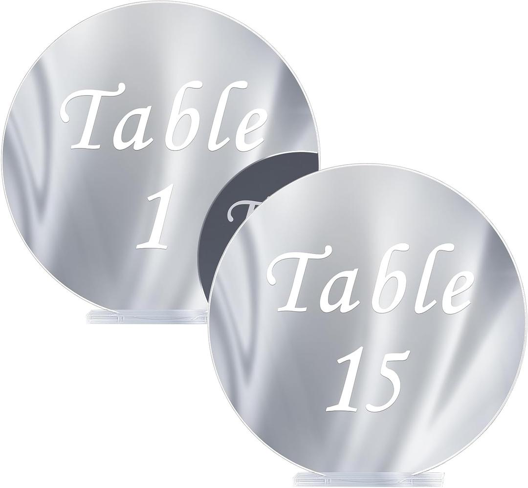 Acrylic Wedding Table Numbers 1-15 with Stands,6 Inch Round silver table numbers Signs, Perfect for Wedding, Reception, Centerpiece Decoration, Event, Party (White)
