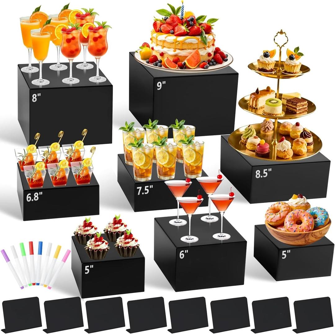 8Pcs Black Acrylic Buffet Risers with Mini Sign and Marker, Food Display Risers for Party Catering Dessert Jewelry, Acrylic Cube Nesting Boxes with Hollow Bottoms(9" 8.5" 8" 7.5" 6.8" 6" 5" 5")