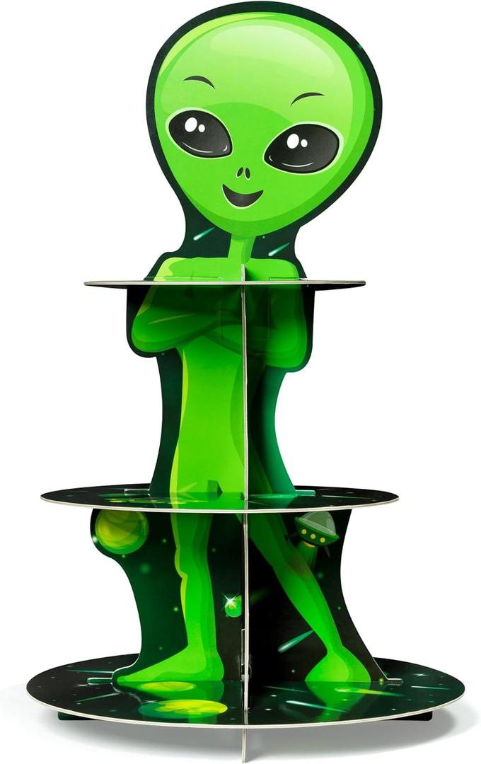 ANGOLIO Green Space Alien Cupcake Stand -3 Tiers Outer Space Birthday Party Decorations Cardboard Cupcake Holder Galaxy Party Dessert Tower Party Accessories Supplies for Kids Alien Themed Baby Shower