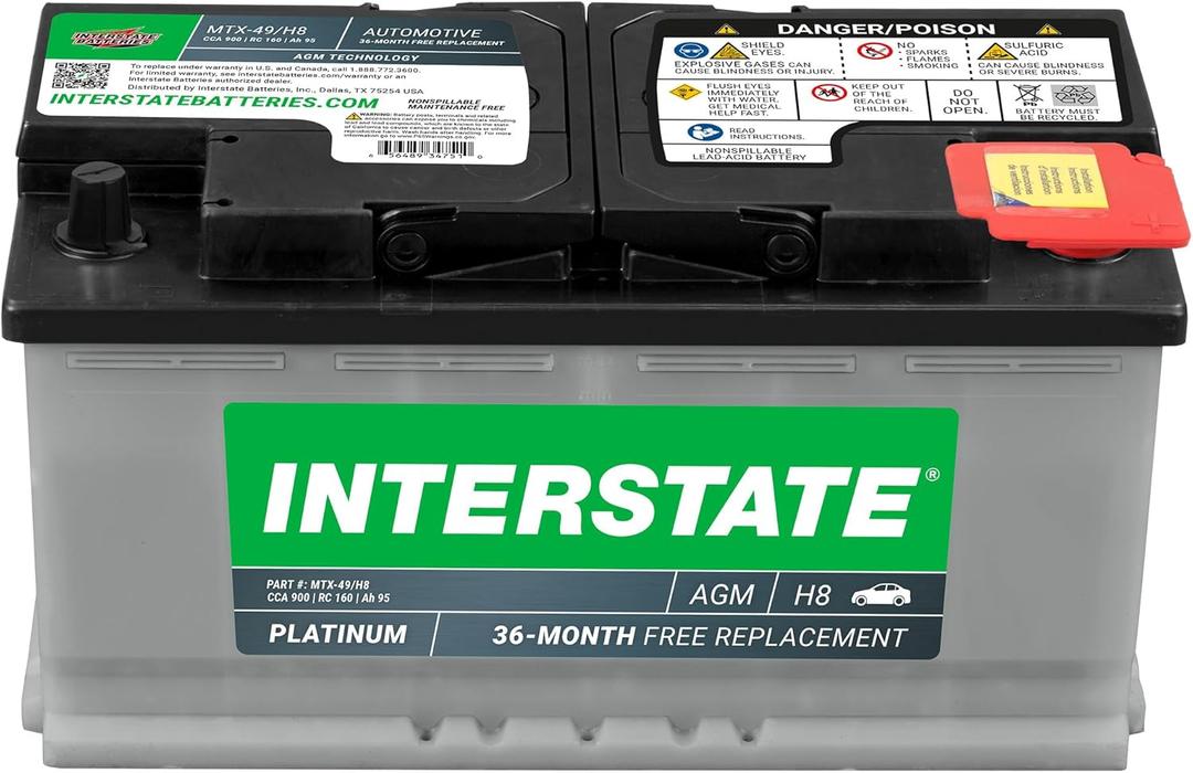 Interstate Batteries Automotive Battery 12V 95Ah (Group Size H8, 49) 900CCA SLI AGM Automobile Replacement Battery for Cars, SUVs, Sedans, Trucks (MTX-49/H8)