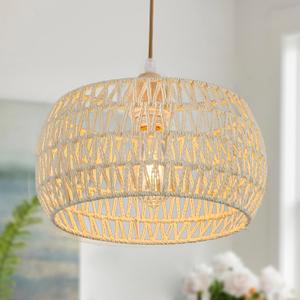 Rattan Pendant Light Fixture,Basket Chandelier Hanging Lights,Cream White Boho Drum Lighting Flush Mount Ceiling Lights Woven Wicker Chandeliers for Kitchen Island Dinning Hallway Bedroom