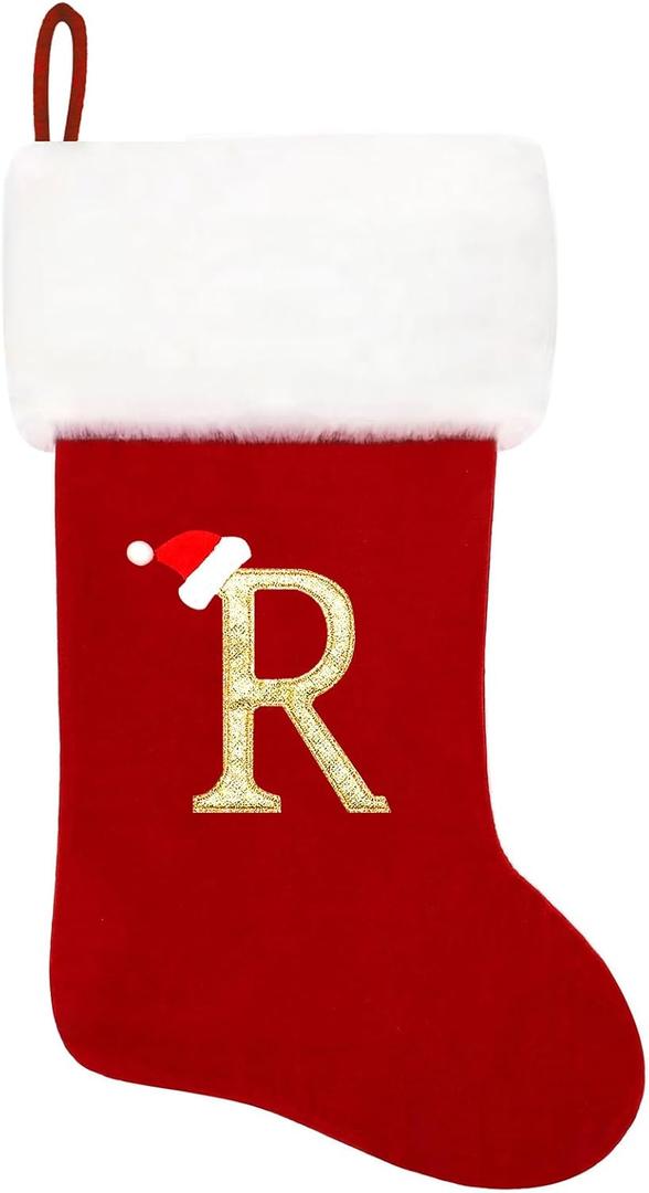 Eoocan 20 Inches Monogram Christmas Stockings Red Velvet with White Super Soft Plush Cuff Embroidered Xmas Stockings Classic Personalized Stocking Decorations for Family Holiday Season Decor(Letter R)