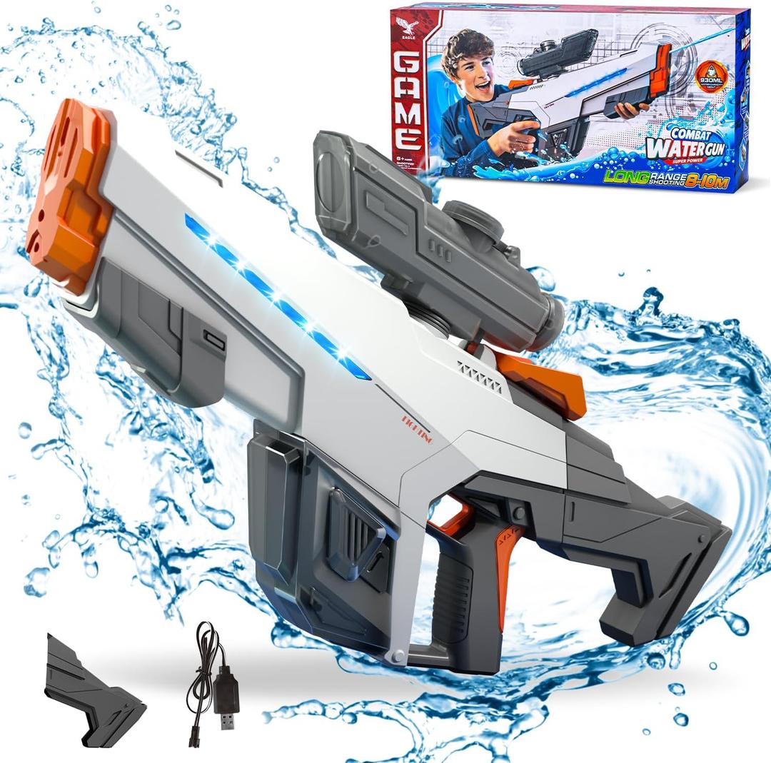 Automatic Electric Water Gun with Flashing Lights for Kids Adults,Range of 32 FT,Dual Batteries and 930CC High Capacity,Nice Gift for Kids & Adults (White)
