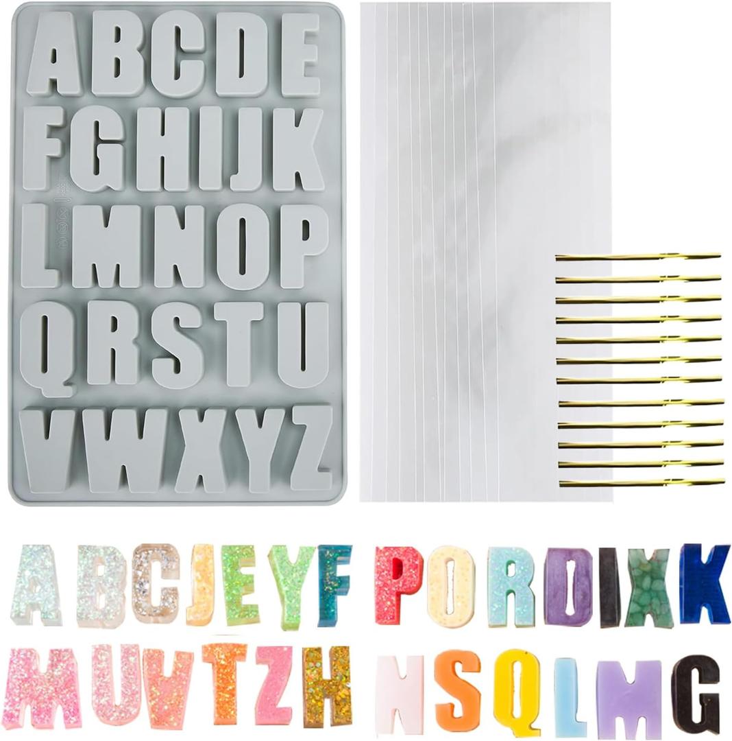 26 Large Letters Silicone Mold Alphabet Crayon Mold Chocolate Mold Biscuit Ice Cube Tray with 12 Sets of Present Packages for DIY Name Letter for Students Graduation Party