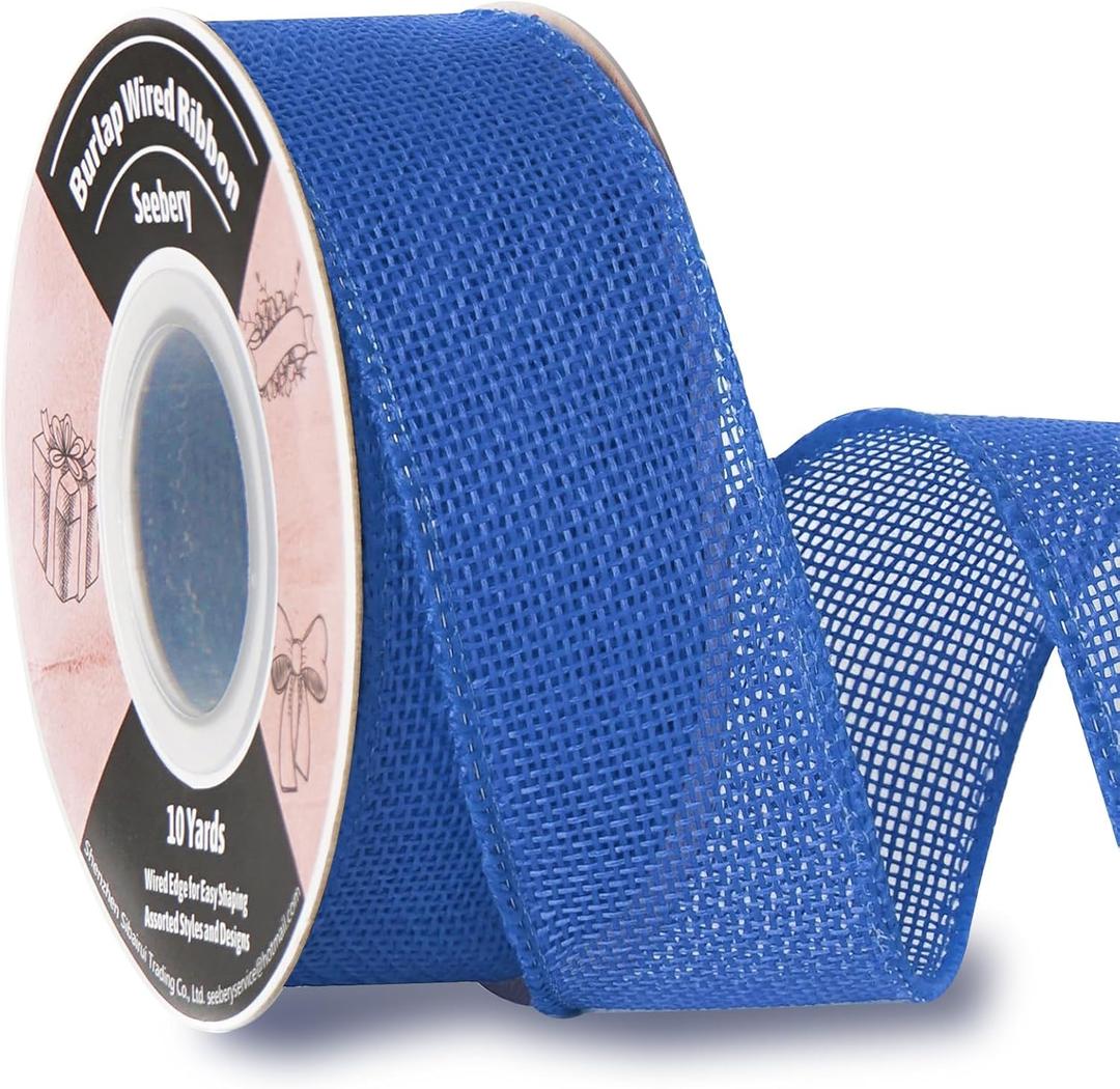 Seebery Burlap Wired Ribbon 1-1/2 Inch x 10 Yards Solid Wired Edge Ribbon for Big Bows, Wreaths, Outdoor Decoration, Gift Wrapping, Fall Crafts, Flower Bouquets, Garland (Blue)