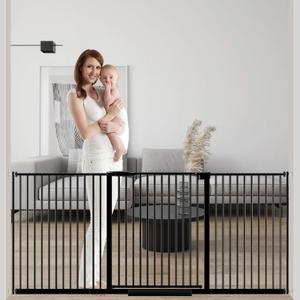 DEARBB Extra Wide Baby Gate Ultra Narrow Spacing 30.11-77.36" Pressure Mounted Double Lock Swing Auto Close Walk Through Metal Safety Pet Gate for Stairs and House Doorway Kitchen (Black)